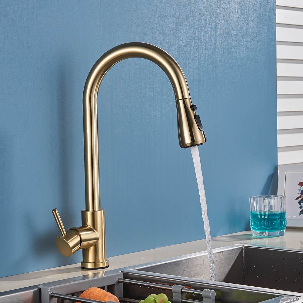 Baterie de bucatarie cu dus extractibil, auriu periat