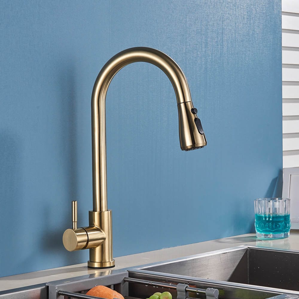 Baterie de bucatarie cu dus extractibil, auriu periat