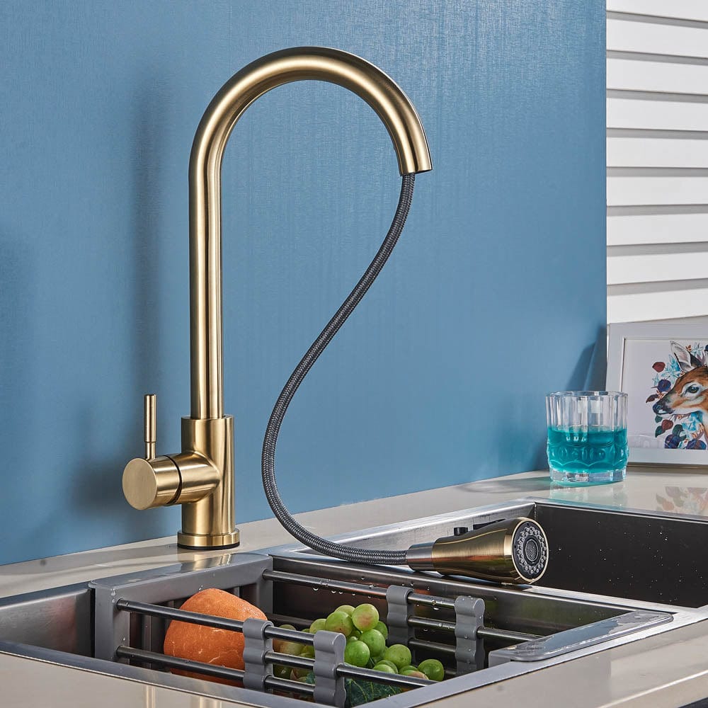 Baterie de bucatarie cu dus extractibil, auriu periat