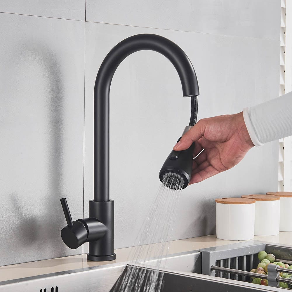 Baterie de bucatarie cu dus extractibil, negru mat