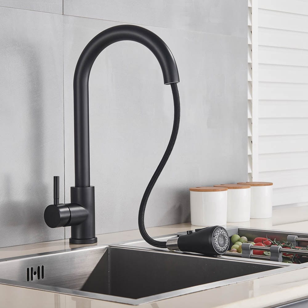 Baterie de bucatarie cu dus extractibil, negru mat
