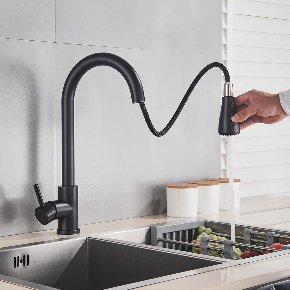 Baterie de bucatarie cu dus extractibil, negru mat