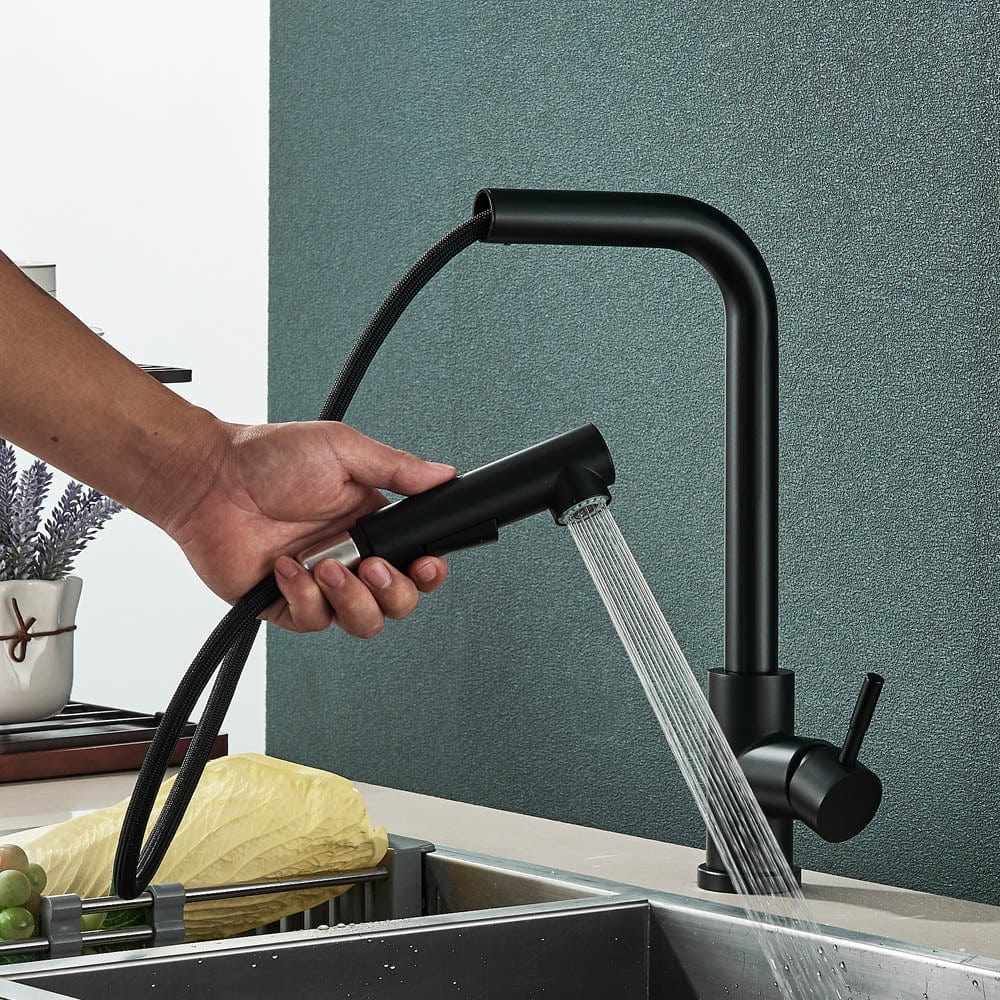 Baterie de bucatarie, cu dus extractibil, negru mat