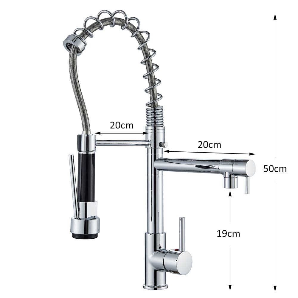 Baterie de bucatarie cu dus flexibil si pipa pentru apa filtrata, argintiu