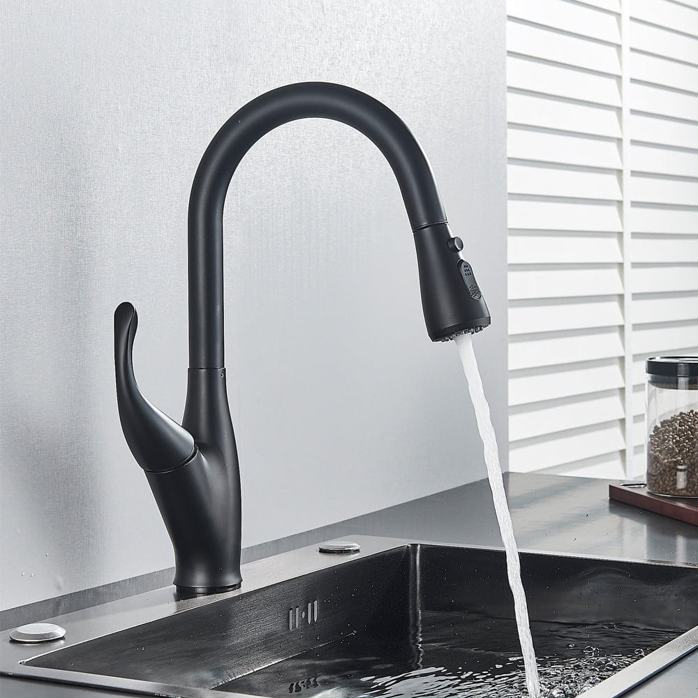 Baterie de bucatarie Kochen Matte, negru mat, cu 2 functii de curgere si dus extractibil