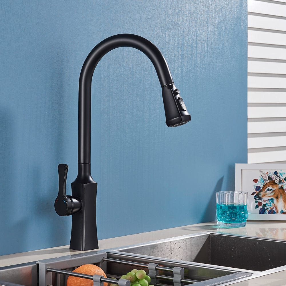 Baterie de bucatarie, negru mat, cu 2 funcții de curgere si dus extractibil