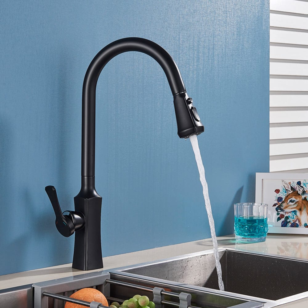 Baterie de bucatarie, negru mat, cu 2 funcții de curgere si dus extractibil