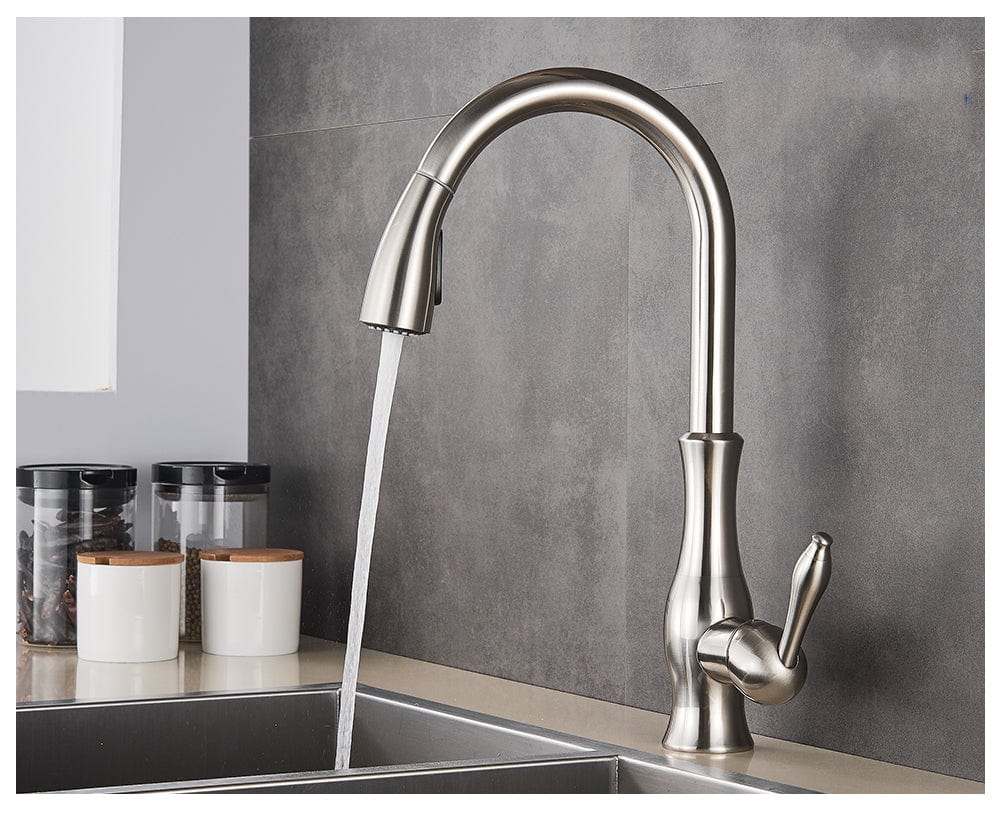 Baterie de bucatarie, nichelata, cu dus extractibil si 2 functii de curgere a apei