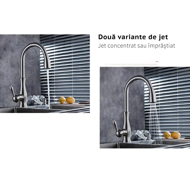 Baterie de bucatarie, nichelata, cu dus extractibil si 2 functii de curgere a apei