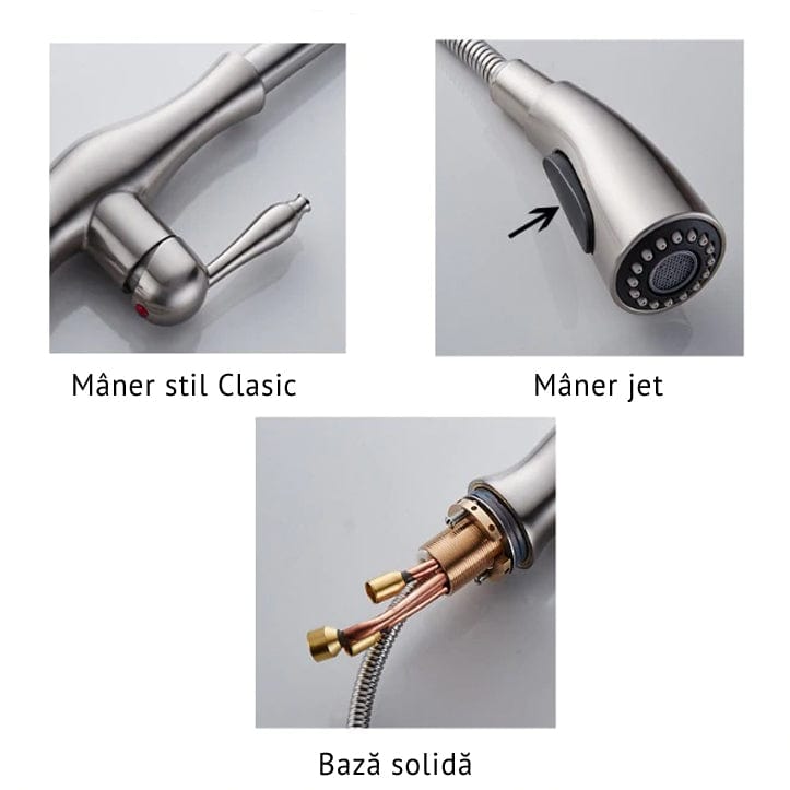 Baterie de bucatarie, nichelata, cu dus extractibil si 2 functii de curgere a apei