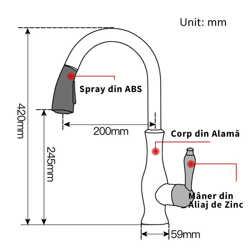 Baterie de bucatarie, nichelata, cu dus extractibil si 2 functii de curgere a apei