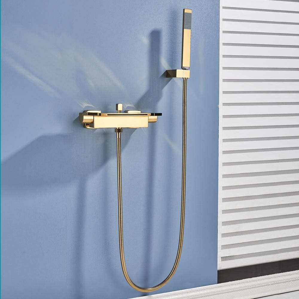 Baterie de cadă cu cascadă și duș de mână, auriu lucios