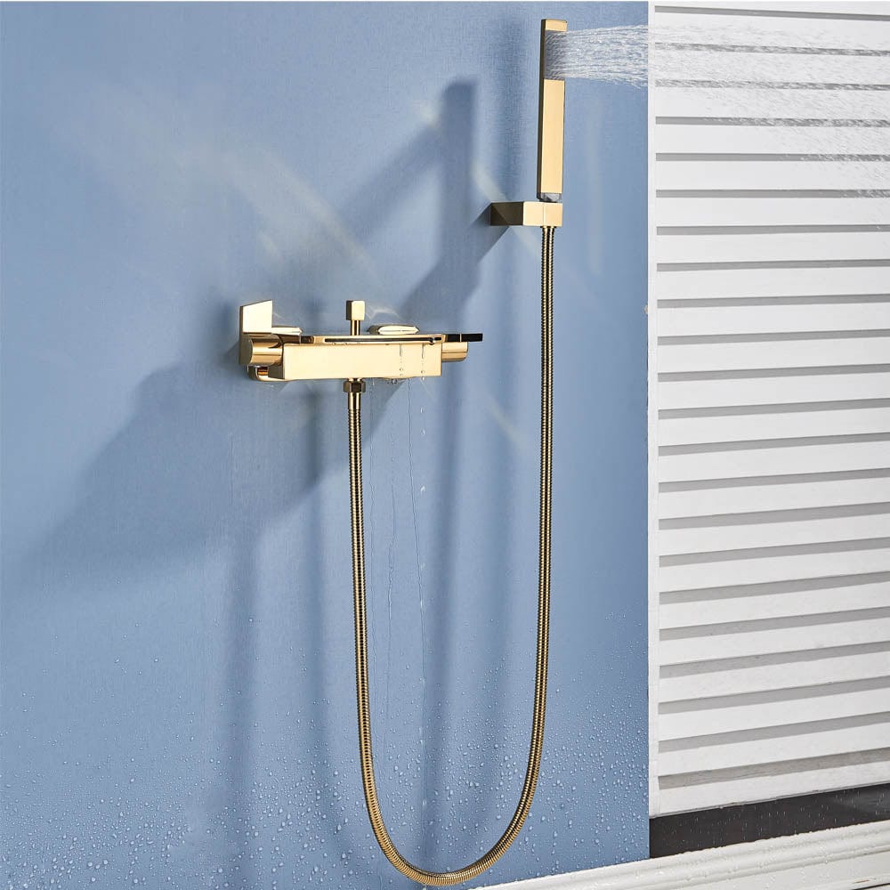 Baterie de cadă cu cascadă și duș de mână, auriu lucios