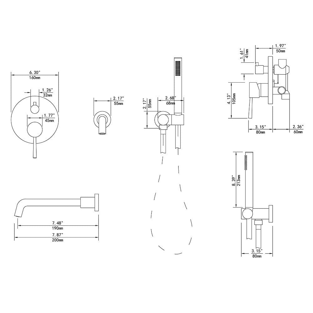 Baterie de cada incastrata, cu dus de mana, finisaj auriu nichelat (semi-lucios)