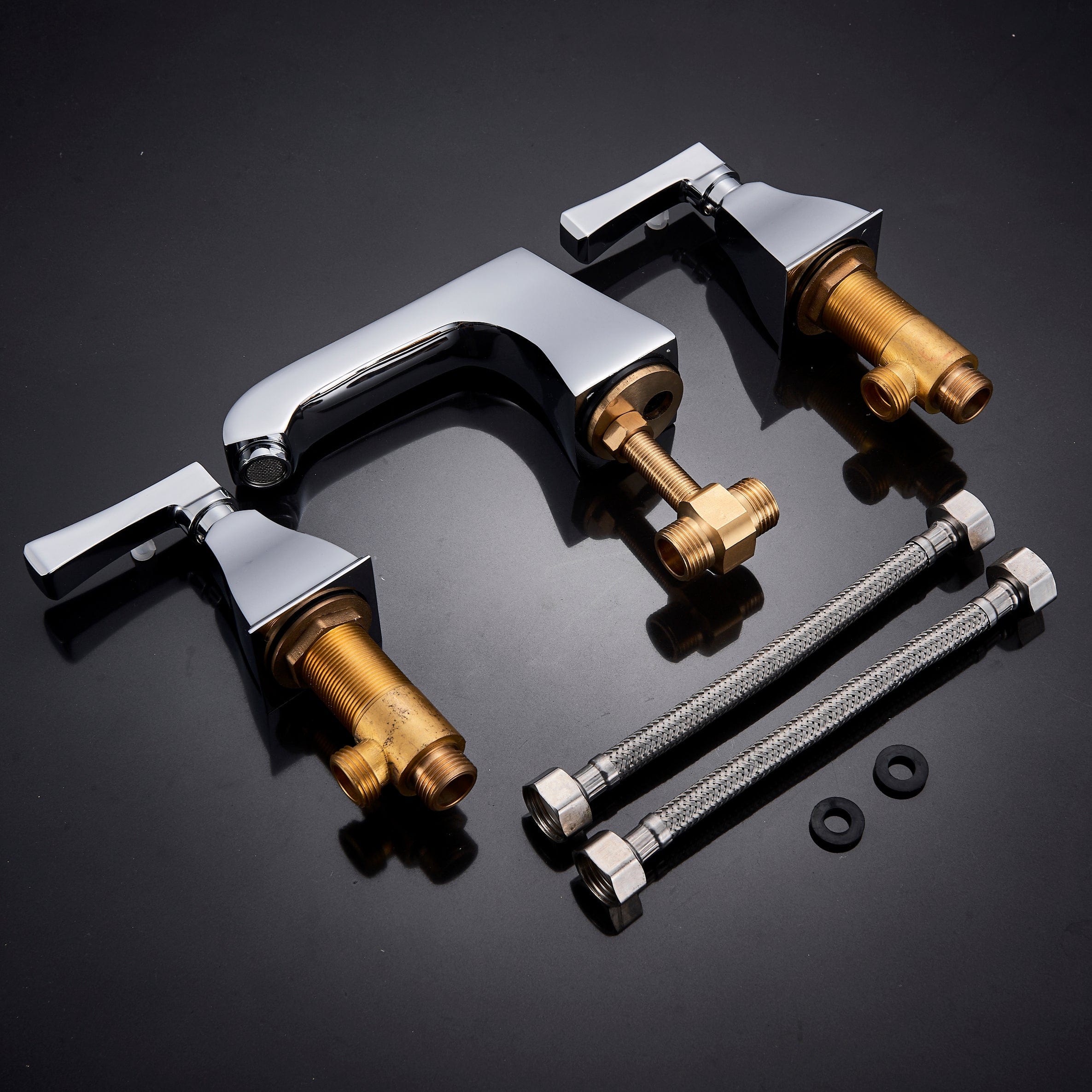 Baterie de lavoar cu design minimalist, doua manere, argintiu cromat