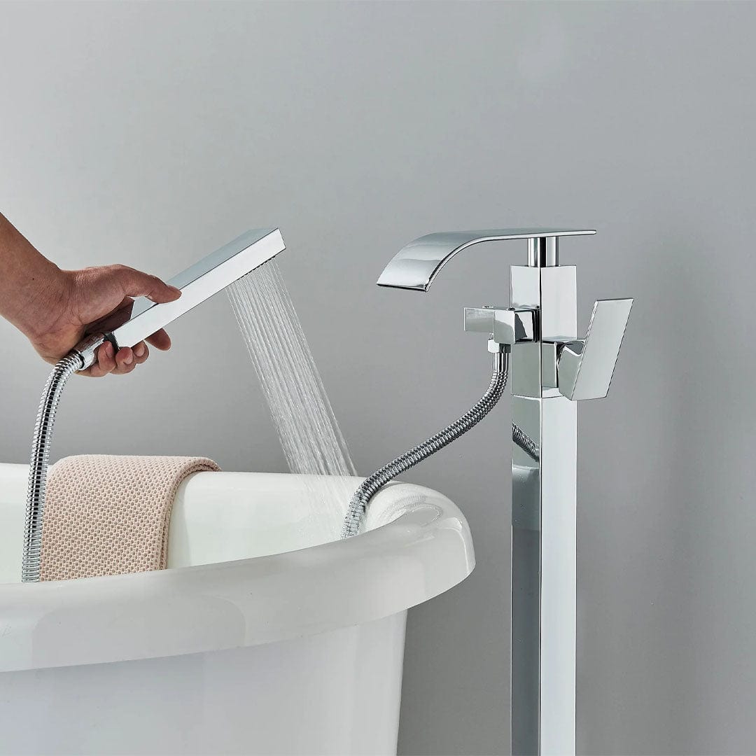 Baterie freestanding cu cadru patrat si efect de cascada, argintiu