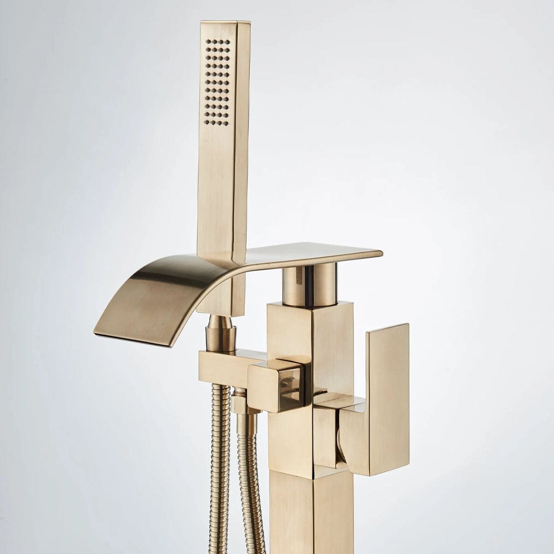 Baterie freestanding cu cadru patrat si efect de cascada, auriu periat