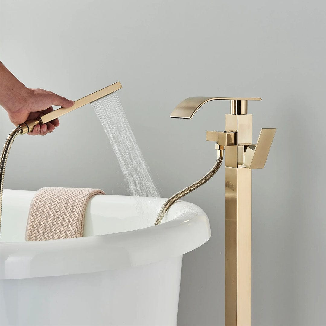 Baterie freestanding cu cadru patrat si efect de cascada, auriu periat