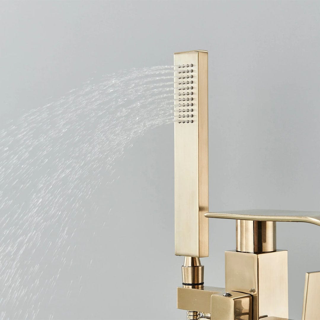 Baterie freestanding cu cadru patrat si efect de cascada, auriu periat