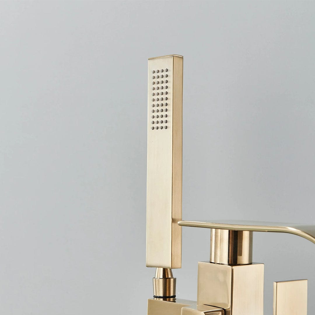 Baterie freestanding cu cadru patrat si efect de cascada, auriu periat