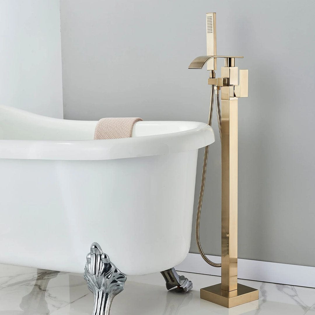 Baterie freestanding cu cadru patrat si efect de cascada, auriu periat