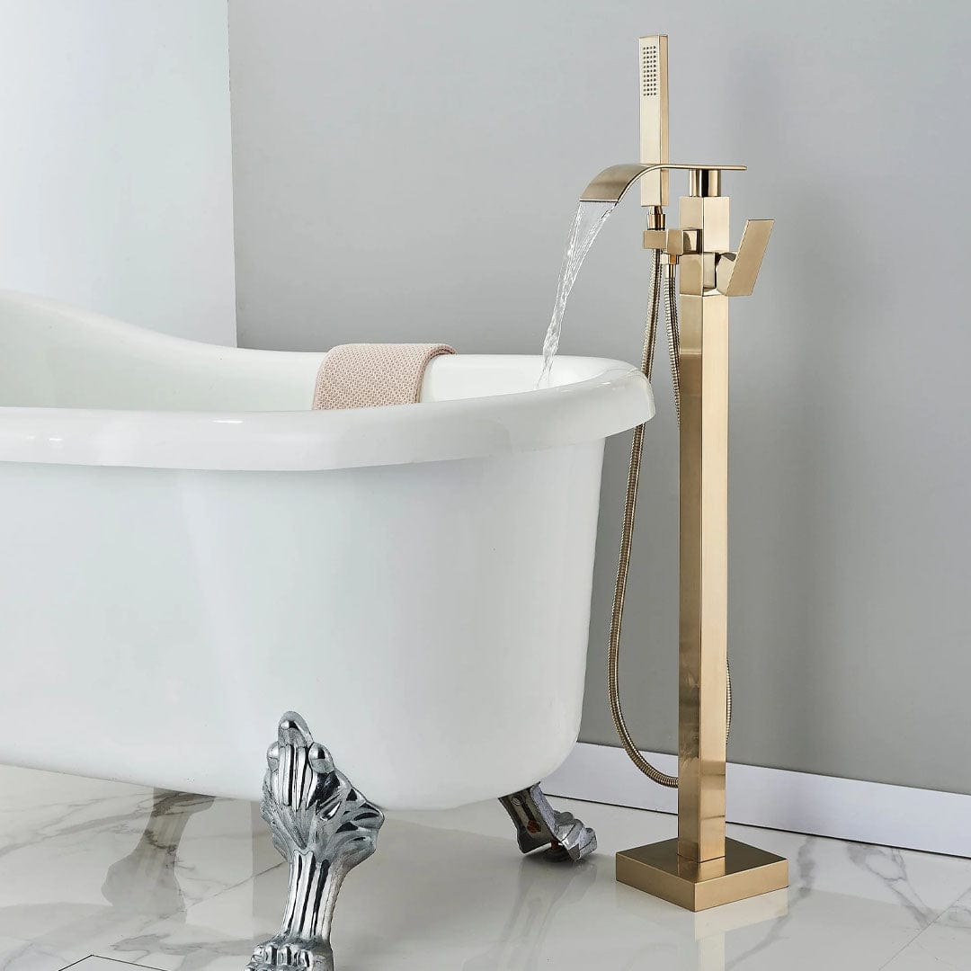 Baterie freestanding cu cadru patrat si efect de cascada, auriu periat