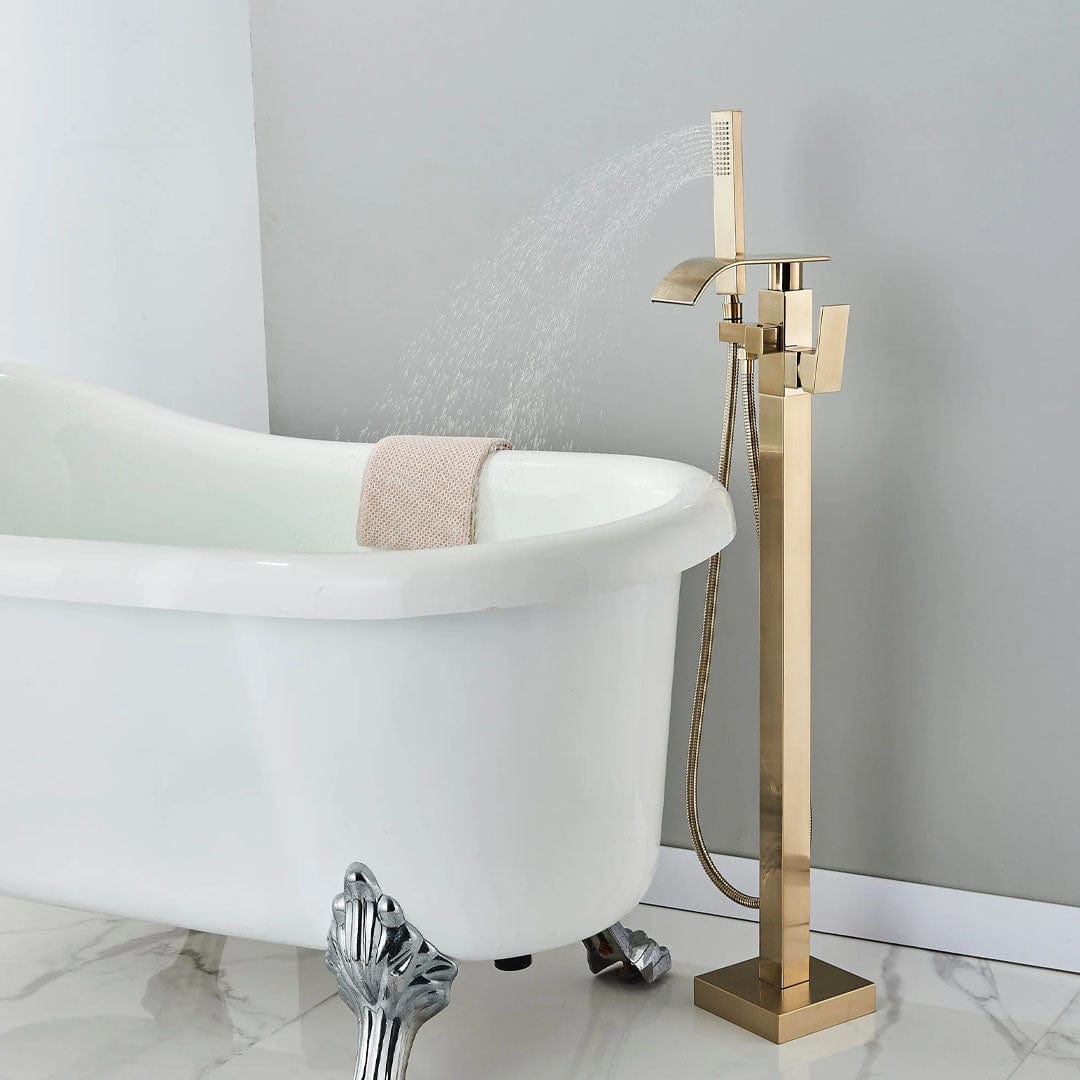 Baterie freestanding cu cadru patrat si efect de cascada, auriu periat