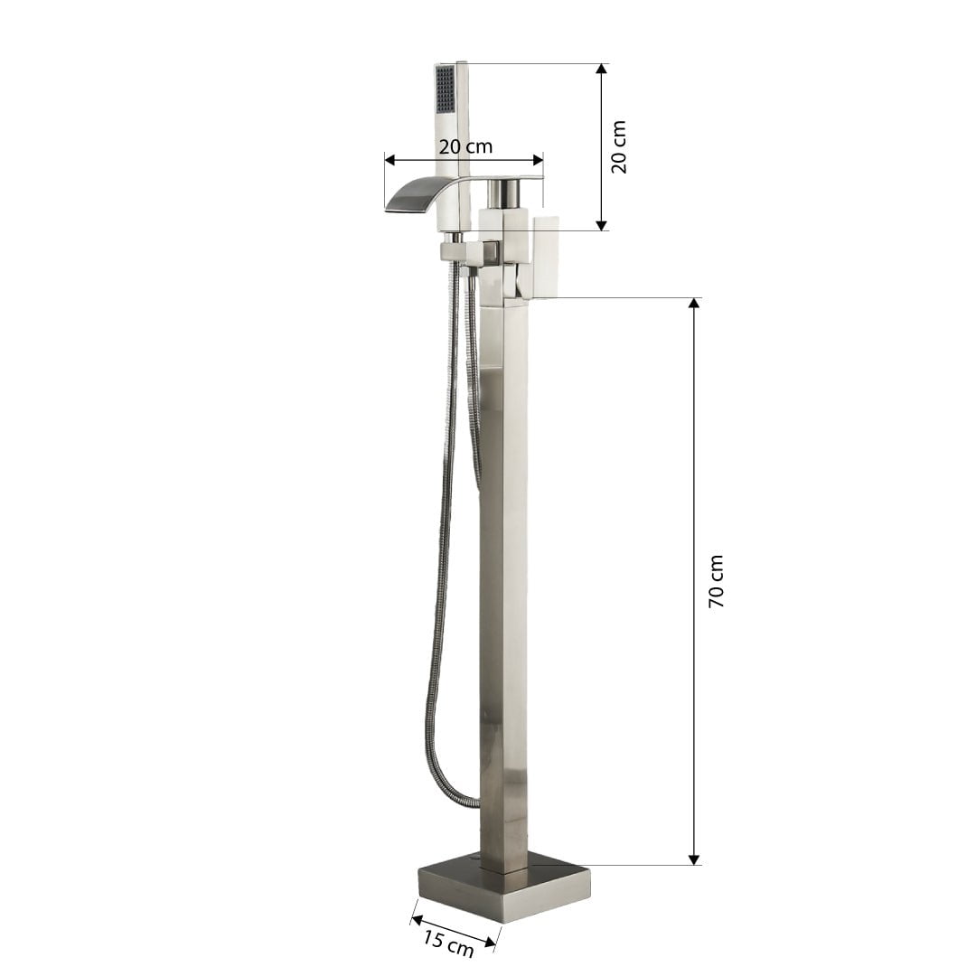 Baterie freestanding cu cadru patrat si efect de cascada, cu 2 functii de curgere, argintiu