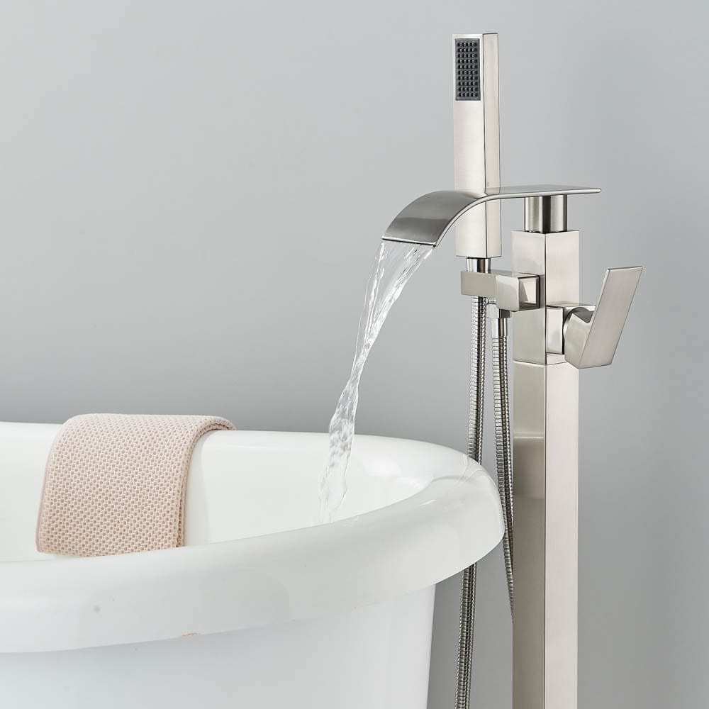 Baterie freestanding cu cadru patrat si efect de cascada, cu 2 functii de curgere, argintiu