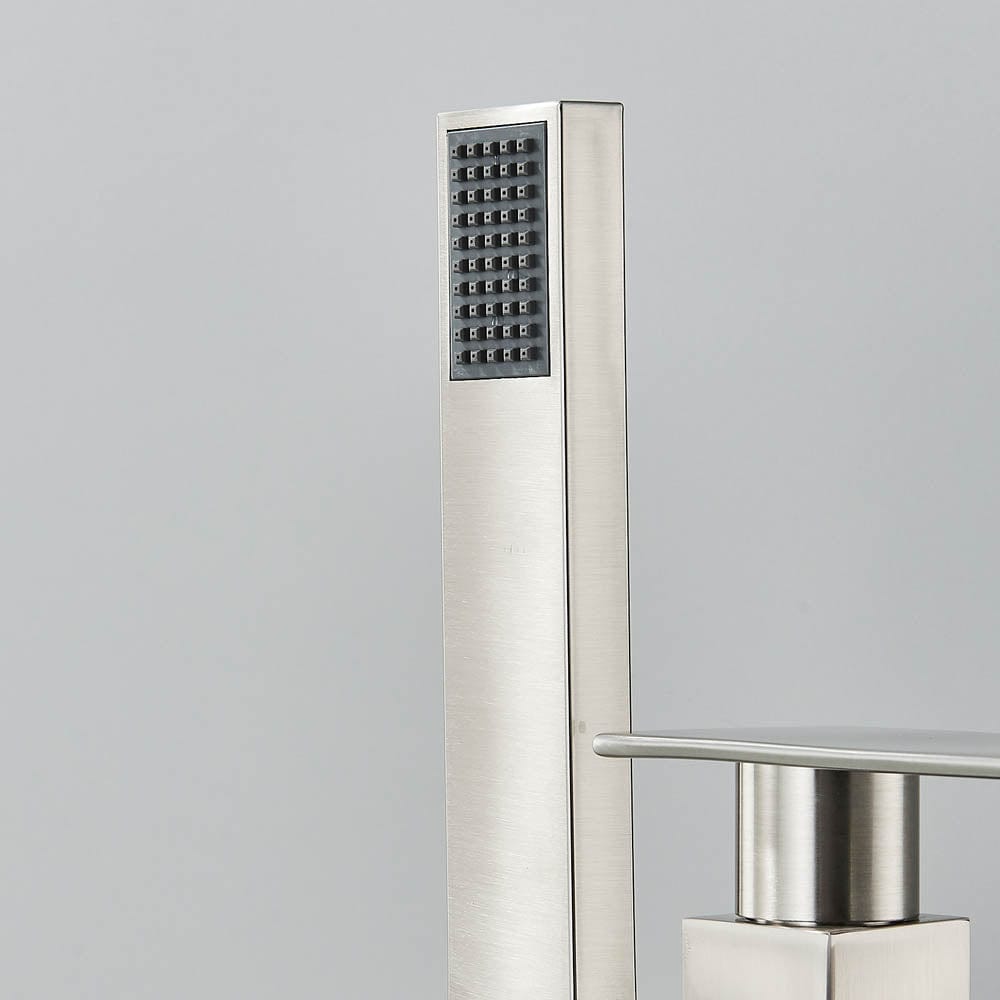 Baterie freestanding cu cadru patrat si efect de cascada, cu 2 functii de curgere, argintiu