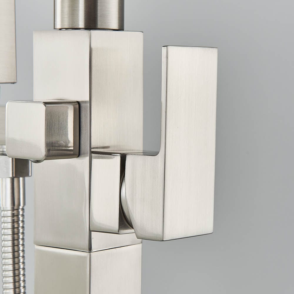 Baterie freestanding cu cadru patrat si efect de cascada, cu 2 functii de curgere, argintiu