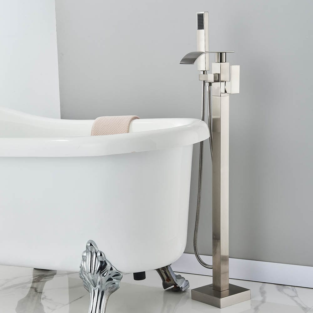 Baterie freestanding cu cadru patrat si efect de cascada, cu 2 functii de curgere, argintiu