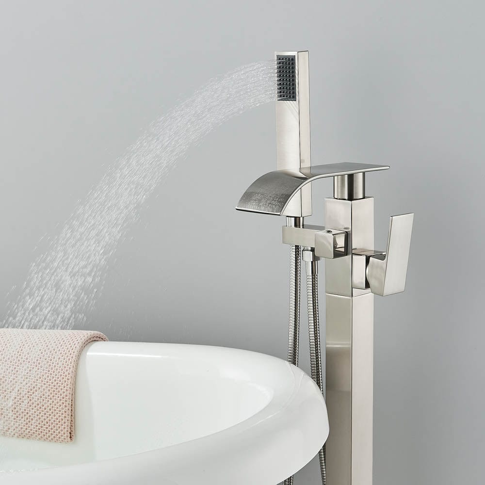 Baterie freestanding cu cadru patrat si efect de cascada, cu 2 functii de curgere, argintiu