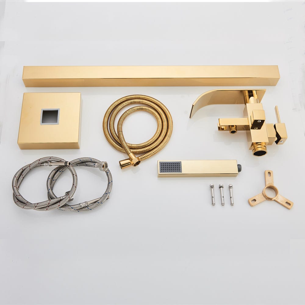 Baterie freestanding cu cadru patrat si efect de cascada, cu 2 functii de curgere, auriu lucios