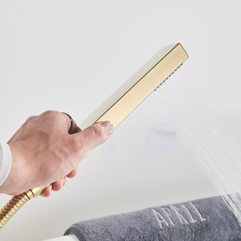 Baterie freestanding cu cadru patrat si efect de cascada, cu 2 functii de curgere, auriu lucios