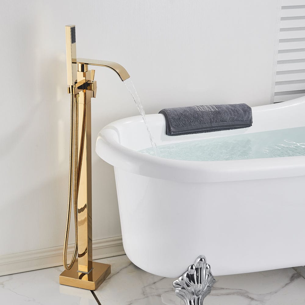 Baterie freestanding cu cadru patrat si efect de cascada, cu 2 functii de curgere, auriu lucios