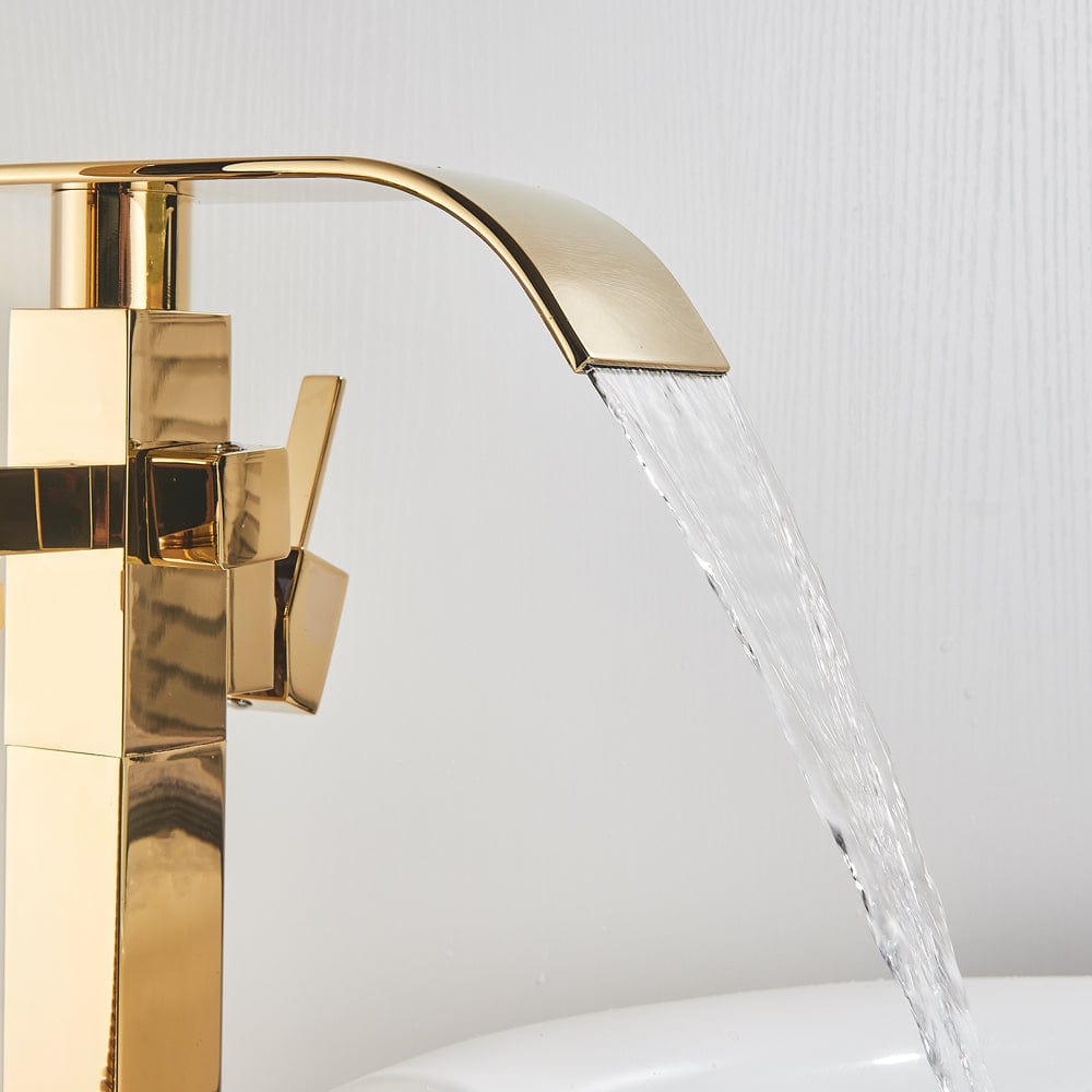 Baterie freestanding cu cadru patrat si efect de cascada, cu 2 functii de curgere, auriu lucios