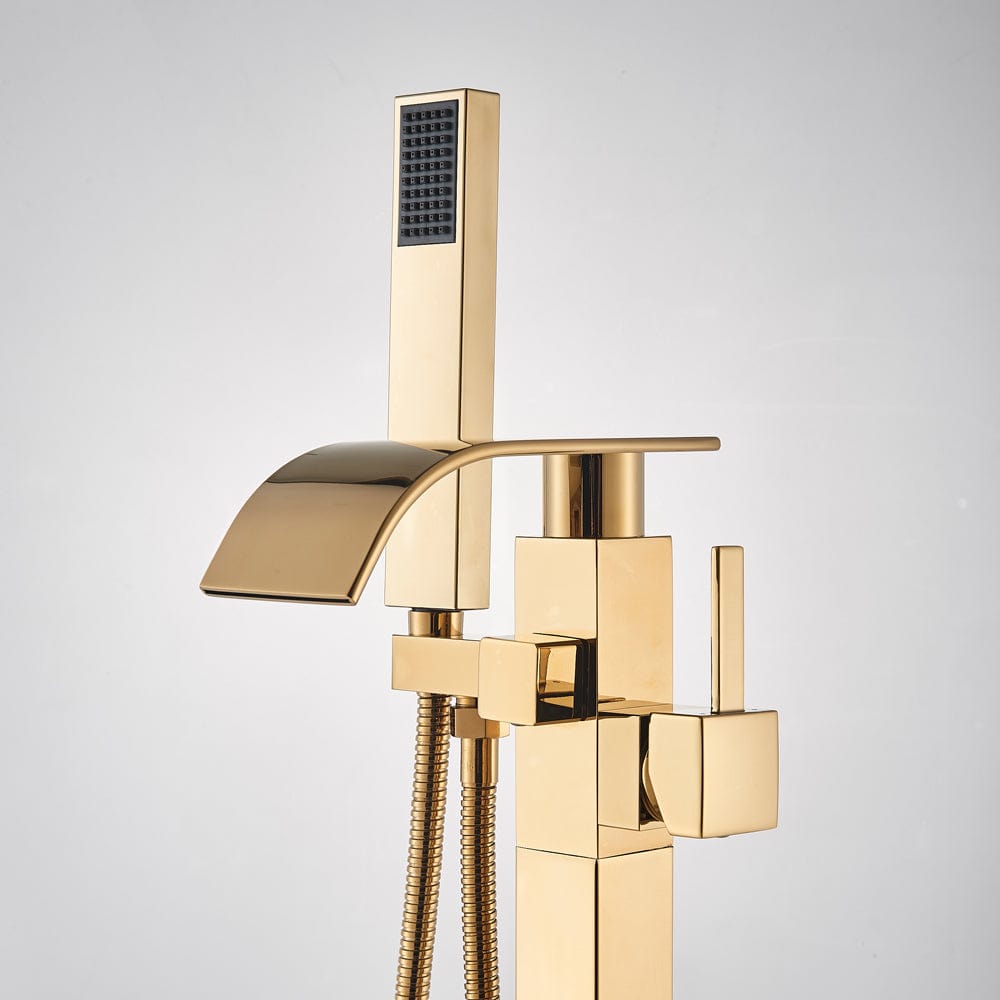 Baterie freestanding cu cadru patrat si efect de cascada, cu 2 functii de curgere, auriu lucios