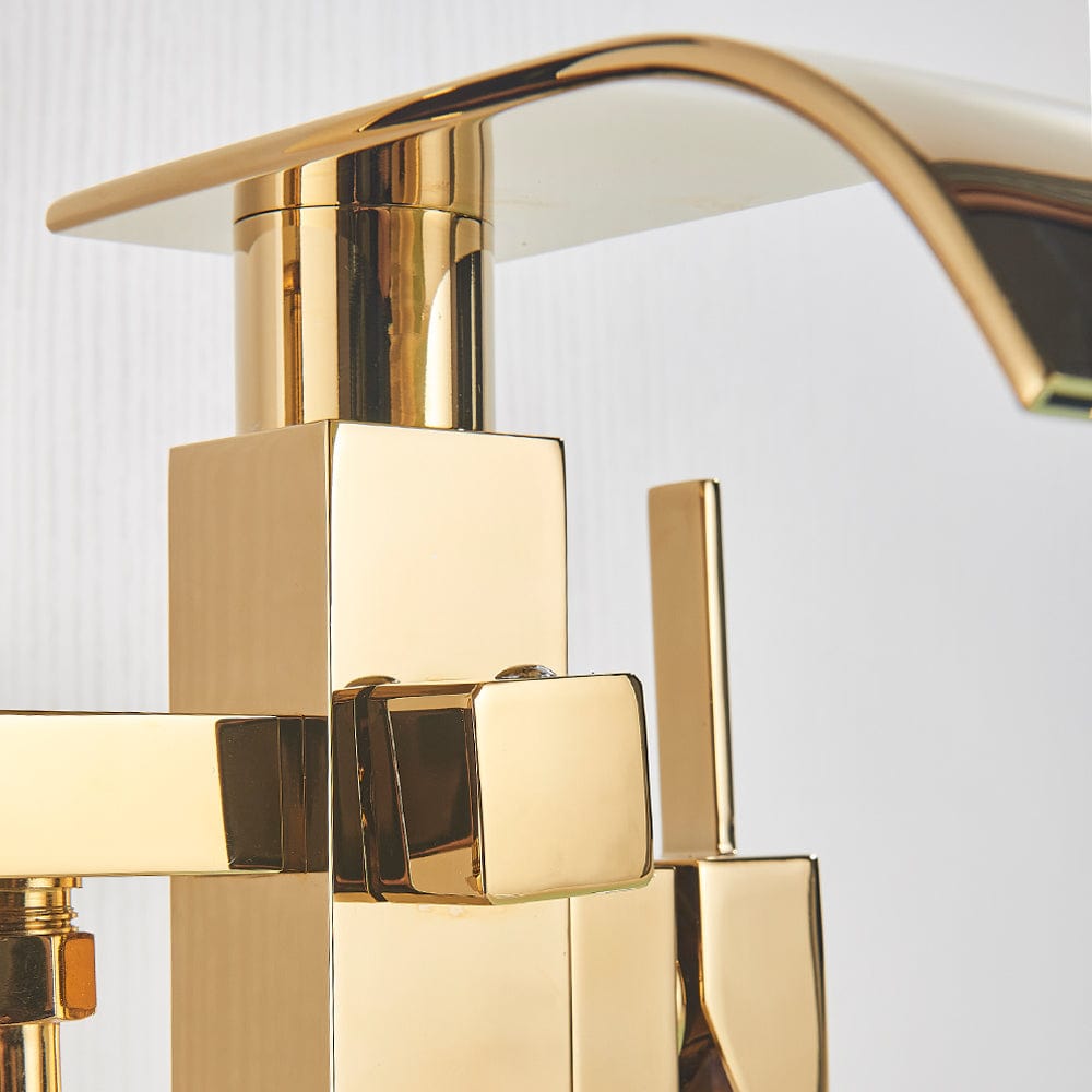 Baterie freestanding cu cadru patrat si efect de cascada, cu 2 functii de curgere, auriu lucios