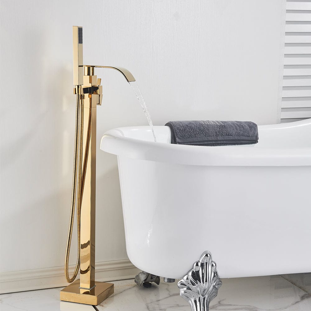 Baterie freestanding cu cadru patrat si efect de cascada, cu 2 functii de curgere, auriu lucios