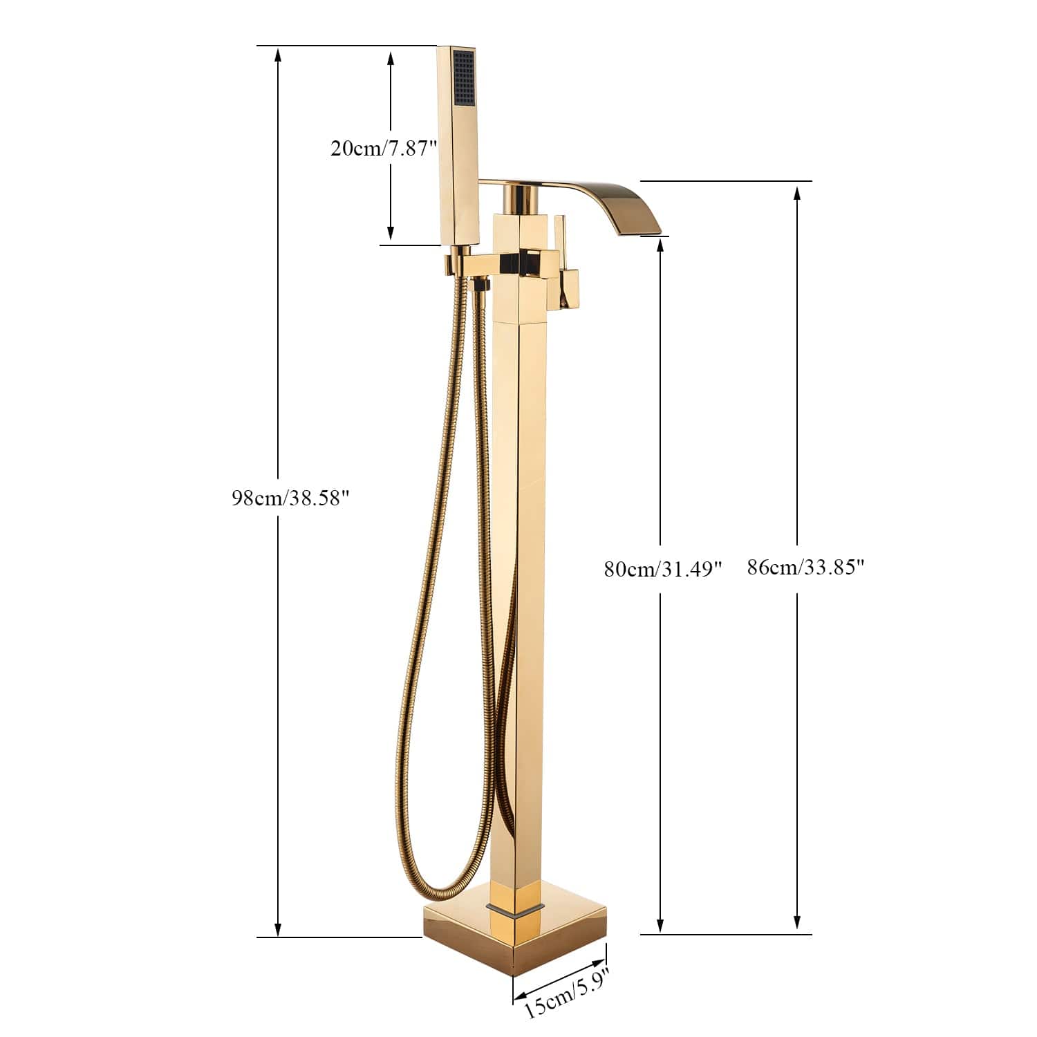 Baterie freestanding cu cadru patrat si efect de cascada, cu 2 functii de curgere, auriu lucios