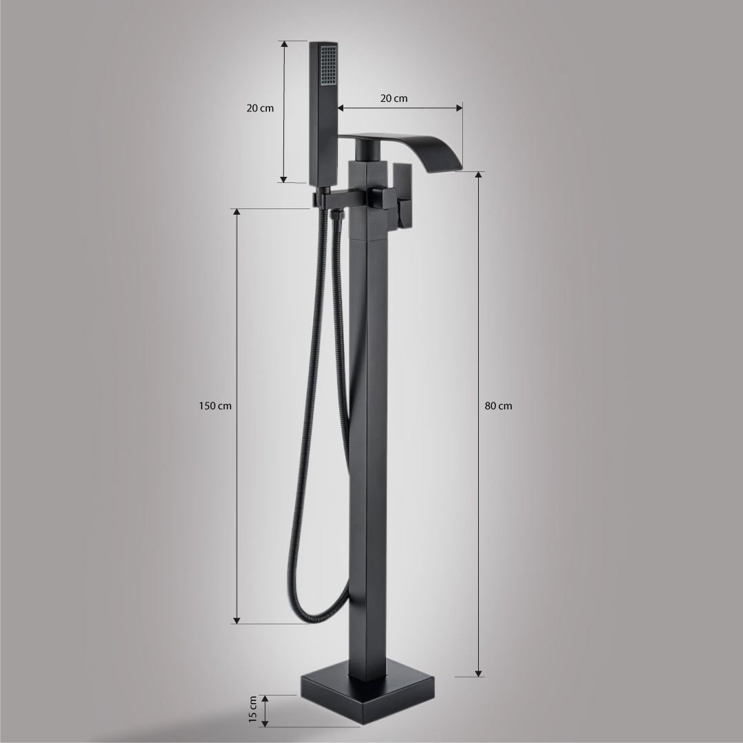 Baterie freestanding cu cadru patrat si efect de cascada, negru mat