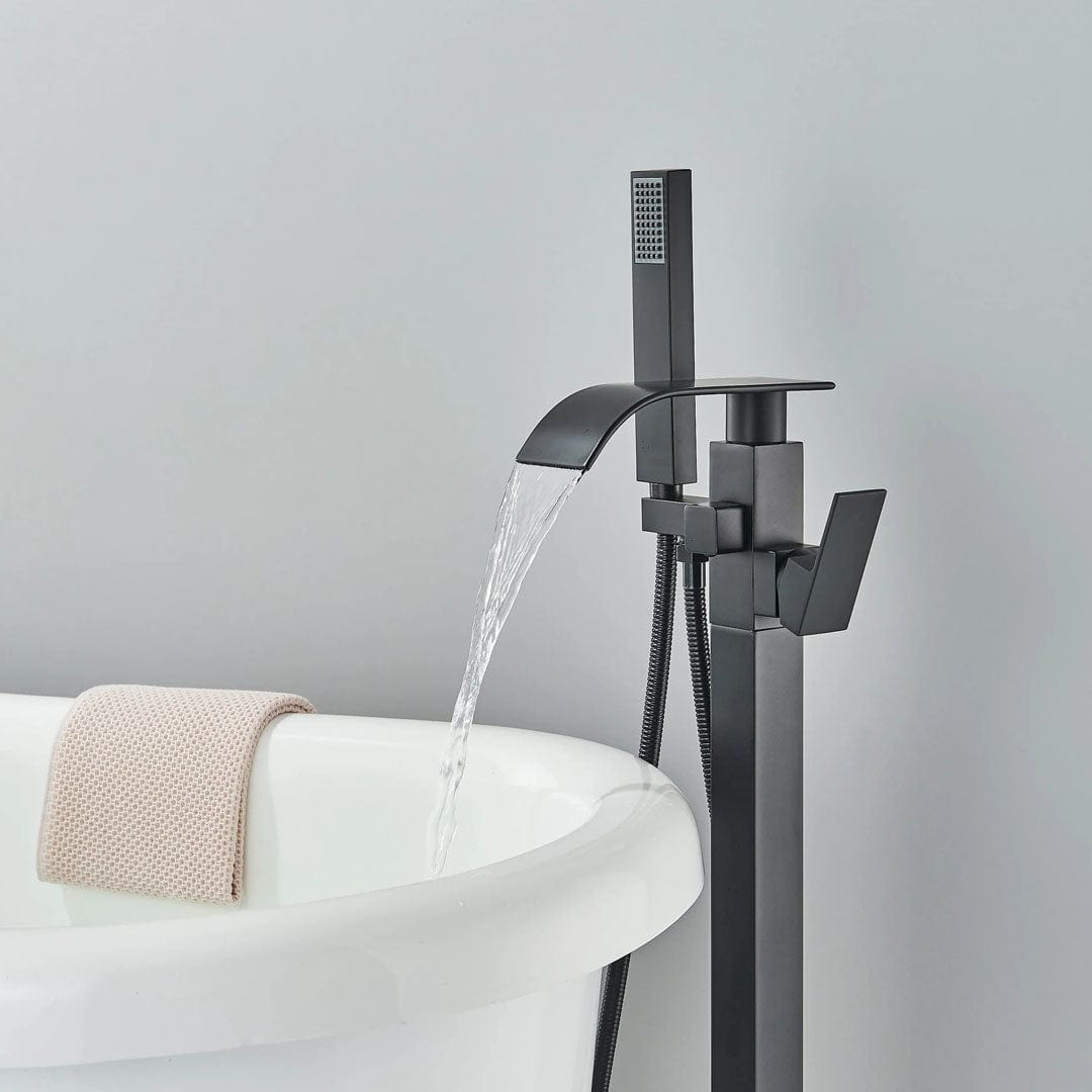 Baterie freestanding cu cadru patrat si efect de cascada, negru mat