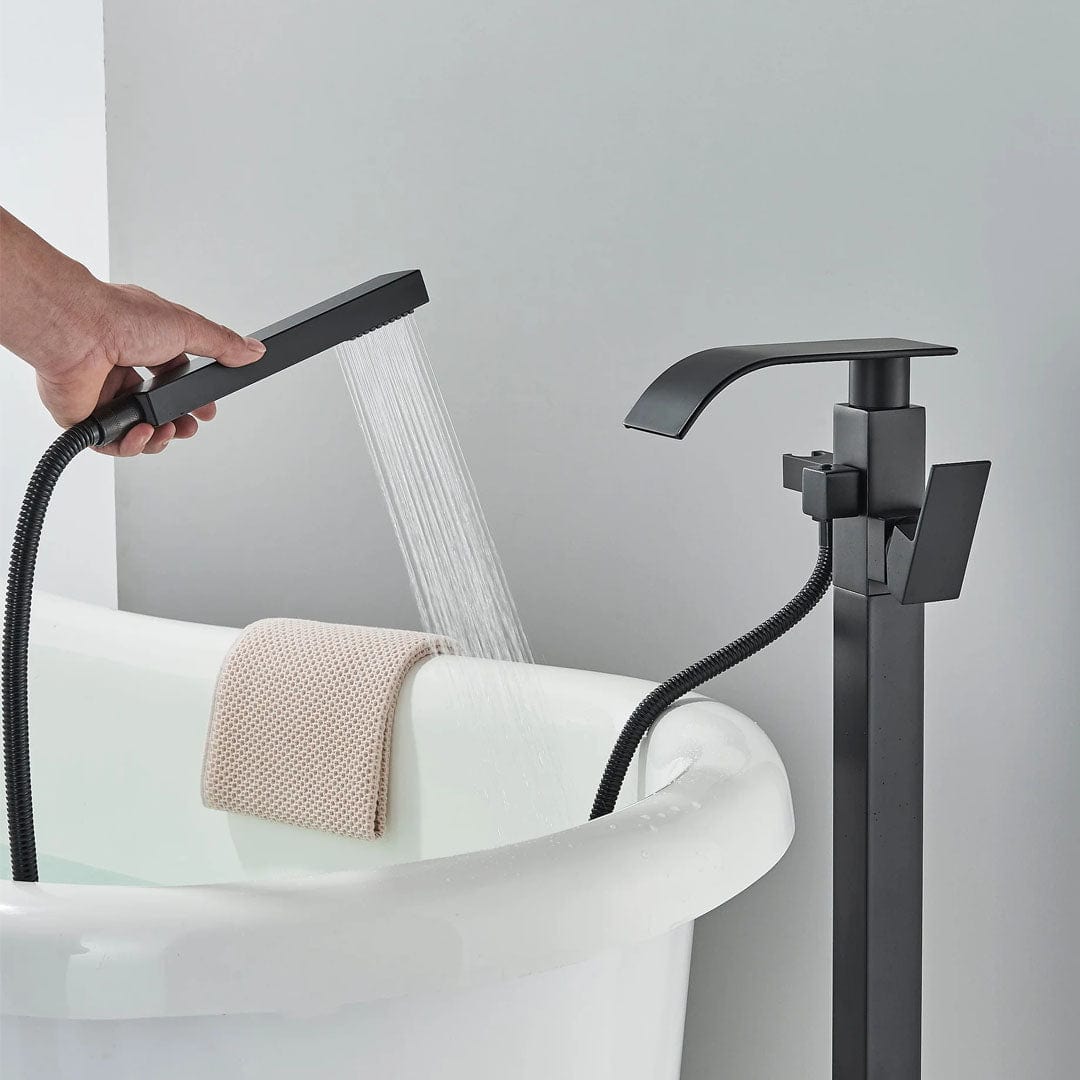 Baterie freestanding cu cadru patrat si efect de cascada, negru mat