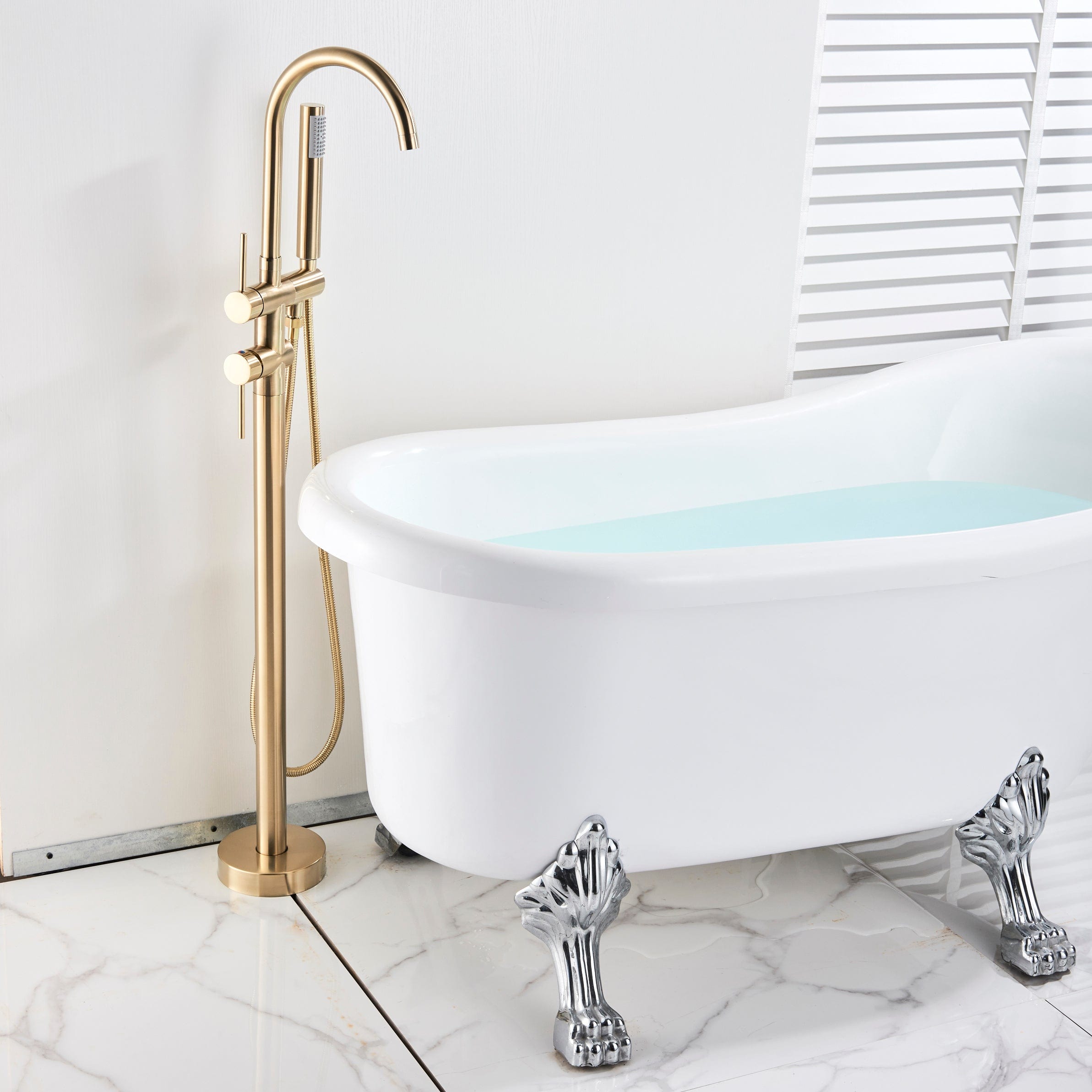 Baterie freestanding cu cadru rotund si rotire 360 grade, auriu nichelat