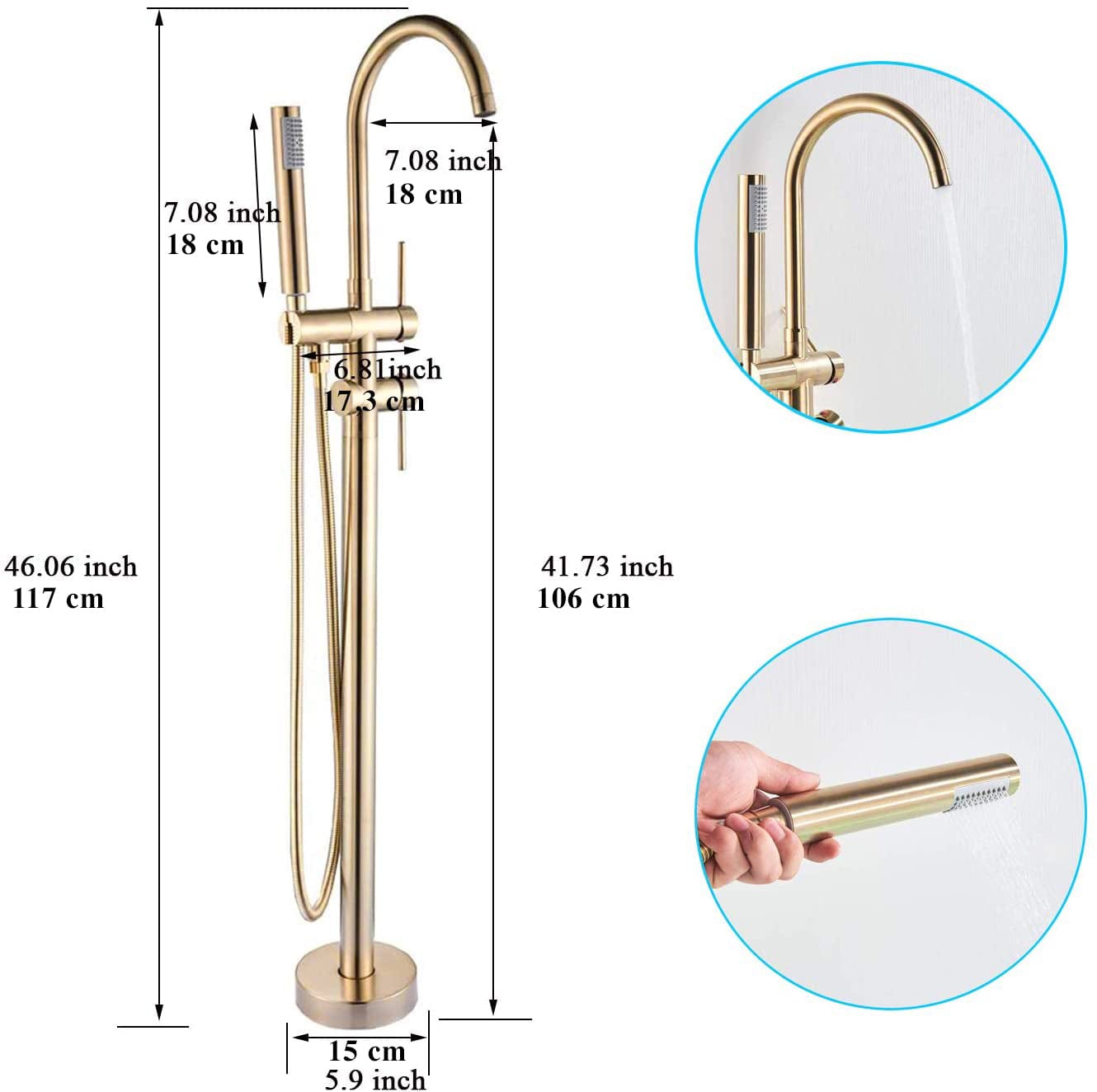 Baterie freestanding cu cadru rotund si rotire 360 grade, auriu nichelat