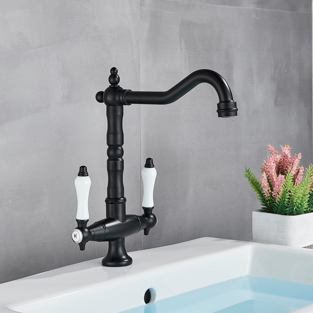 Baterie lavoar/bucatarie retro, inalta, cu montare pe chiuveta sau blat, negru mat