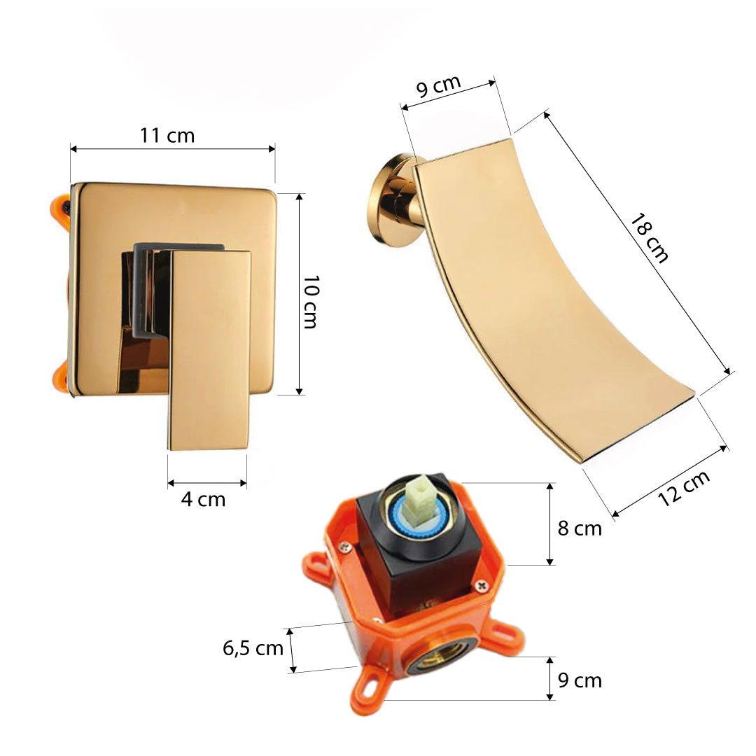 Baterie lavoar Cascade, auriu lucios, cu montare in perete