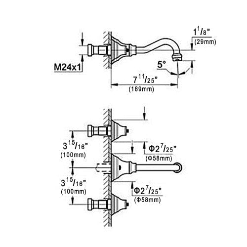 Baterie lavoar Chester cu montare in perete, din alama, cu 2 manere, negru
