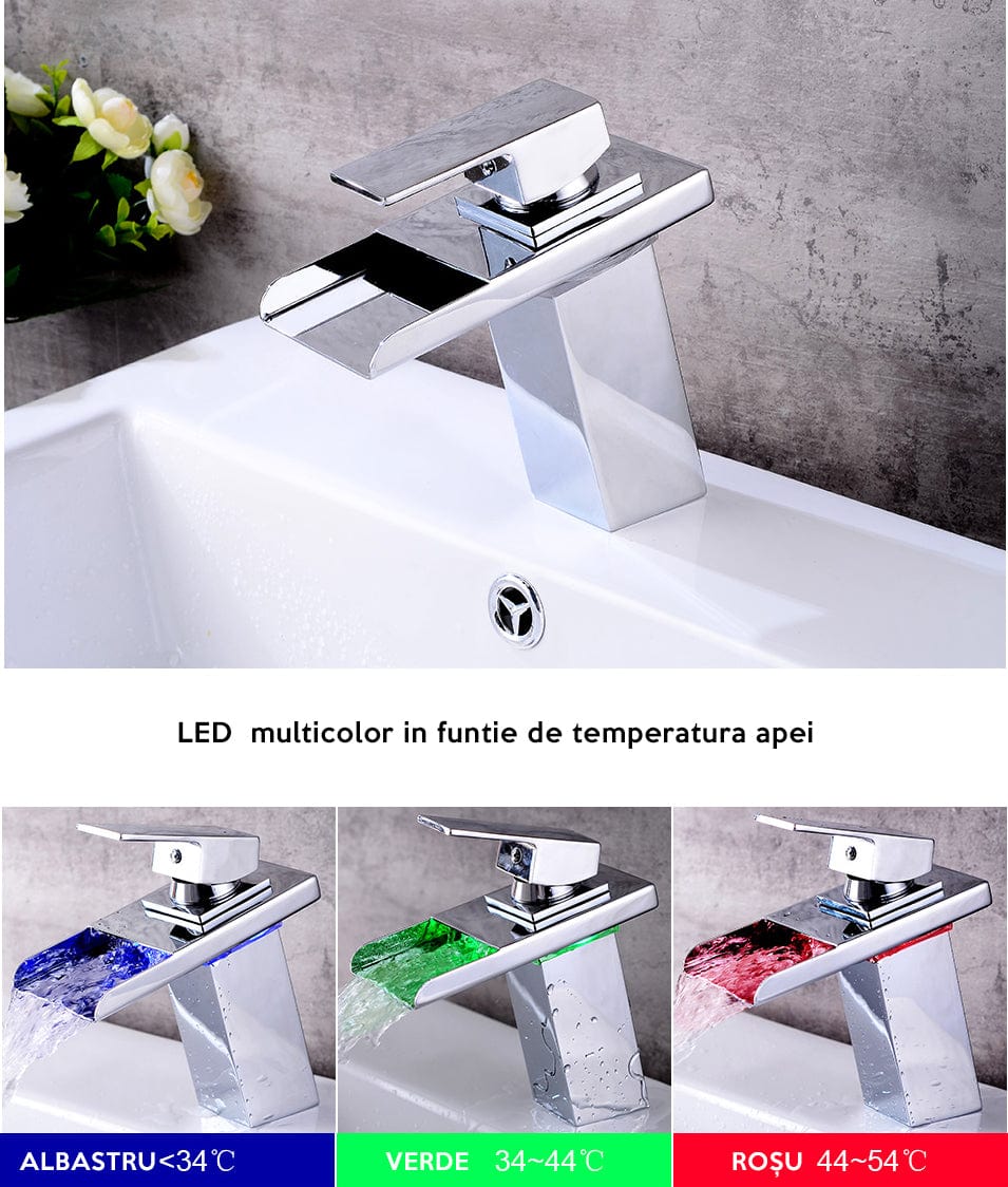 Baterie lavoar cu LED, tip cascada, argintiu cromat